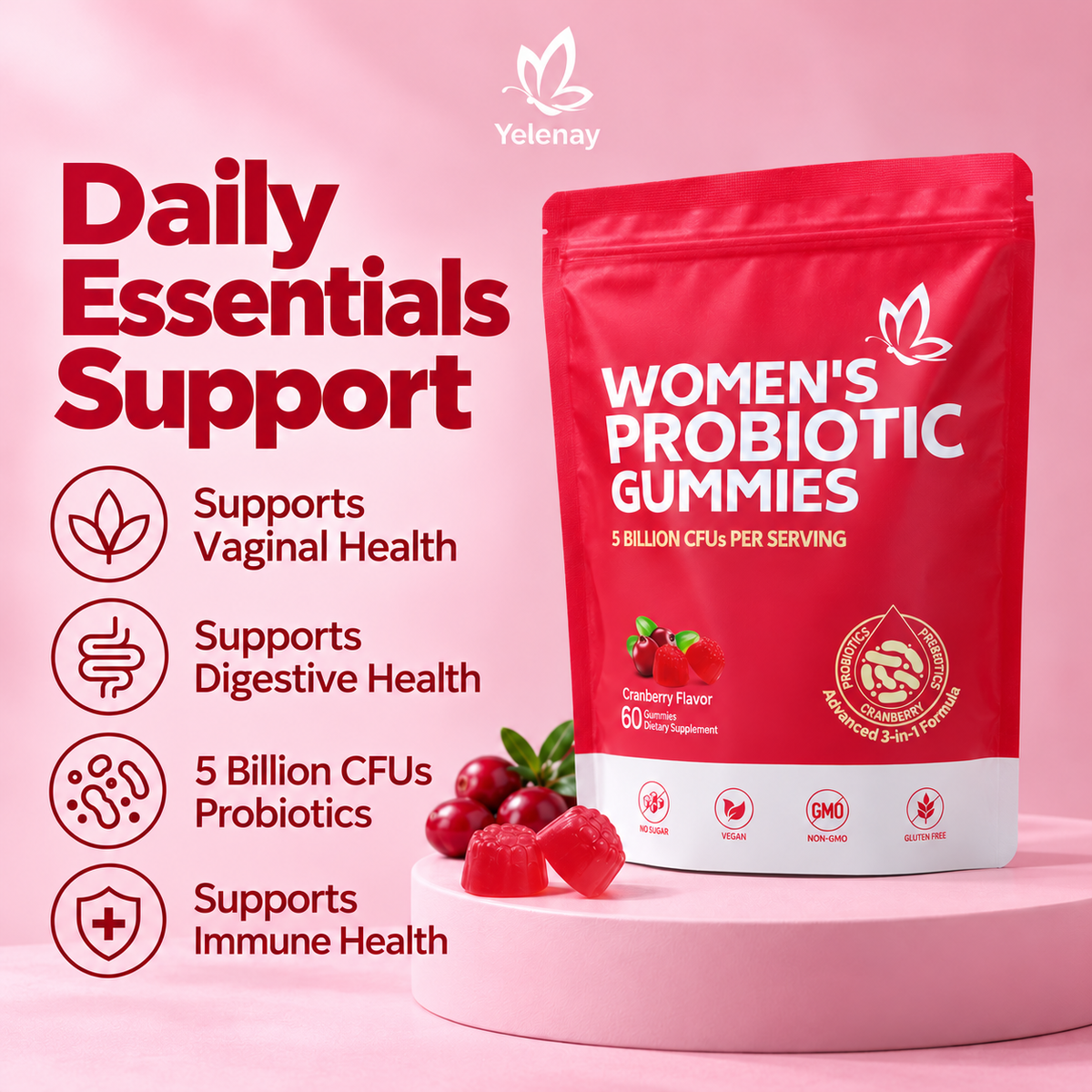 Yelenay gummies support vaginal, digestive and immune health with 5 billion CFU probiotics
