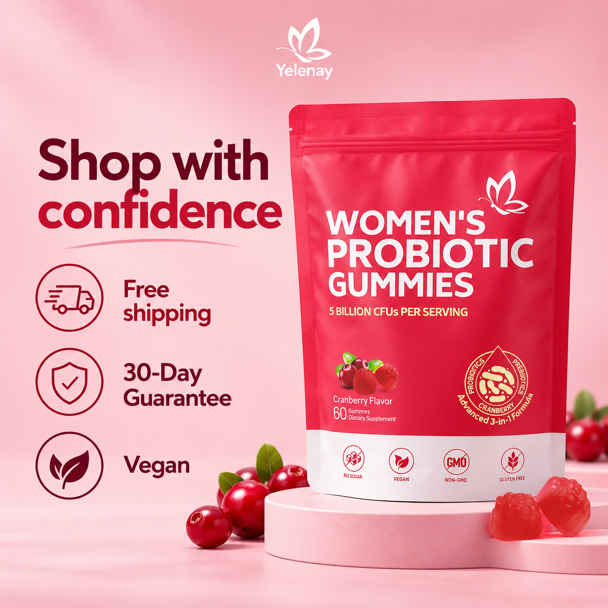 Yelenay probiotic gummies pouch with free shipping, 30-day guarantee and vegan icons
