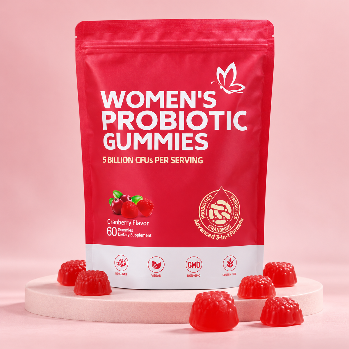 Yelenay Women's Probiotic Gummies pouch, cranberry flavour, 60 gummies, on a pink podium with red gummies