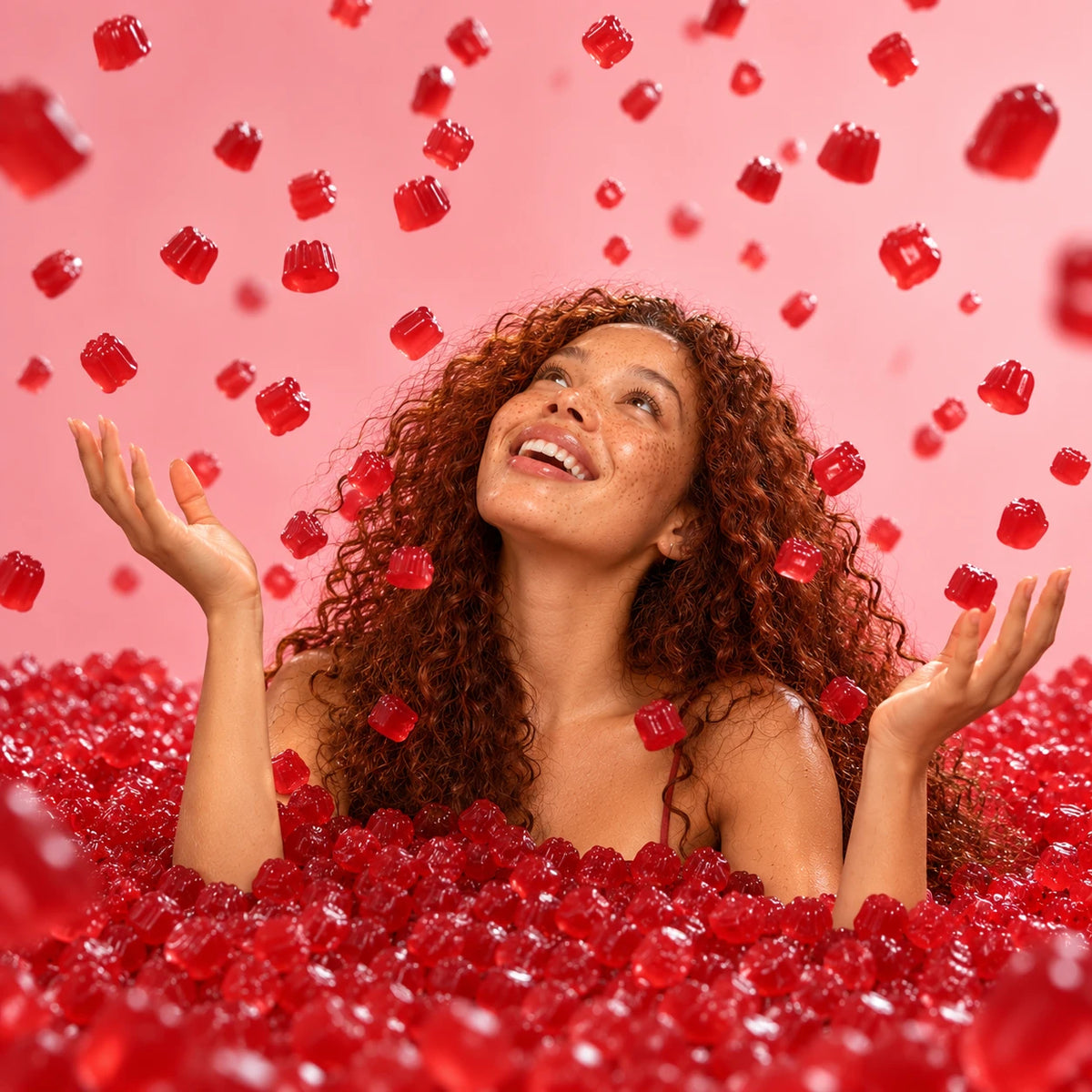Smiling woman with curly hair surrounded by falling red cranberry gummies